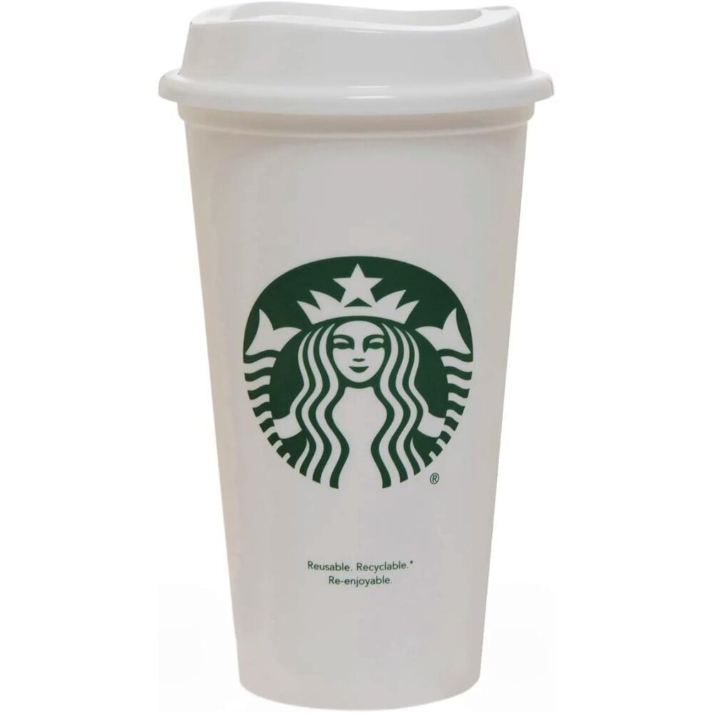 White Reusable Plastic Travel Mug/Cup/Tumbler Grande Medium, 16oz 473ml